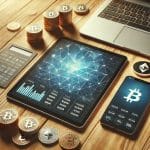 Bitcoin e criptomoedas próximos de dispositivos eletrônicos