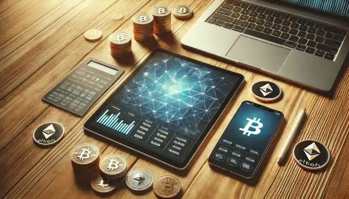 Bitcoin e criptomoedas próximos de dispositivos eletrônicos