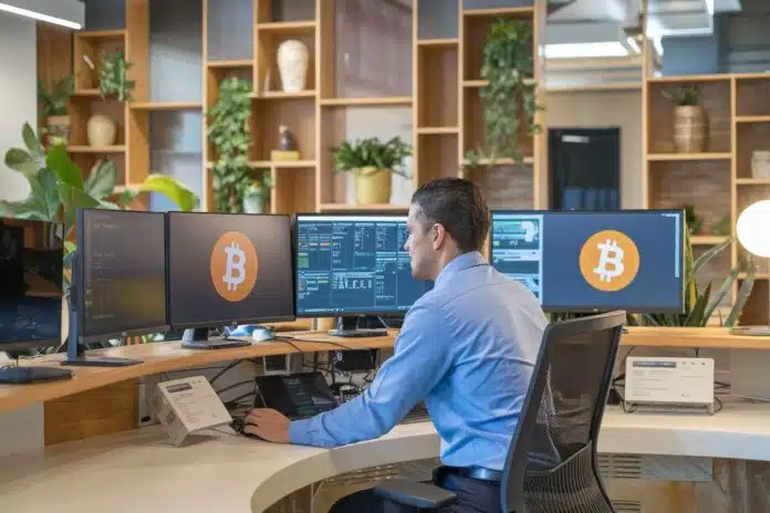 Funcionário de empresa trabalhando com o bitcoin