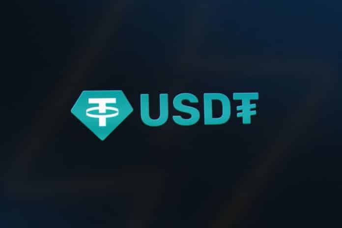 USDT com relâmpago da Lightning Network ao fundo