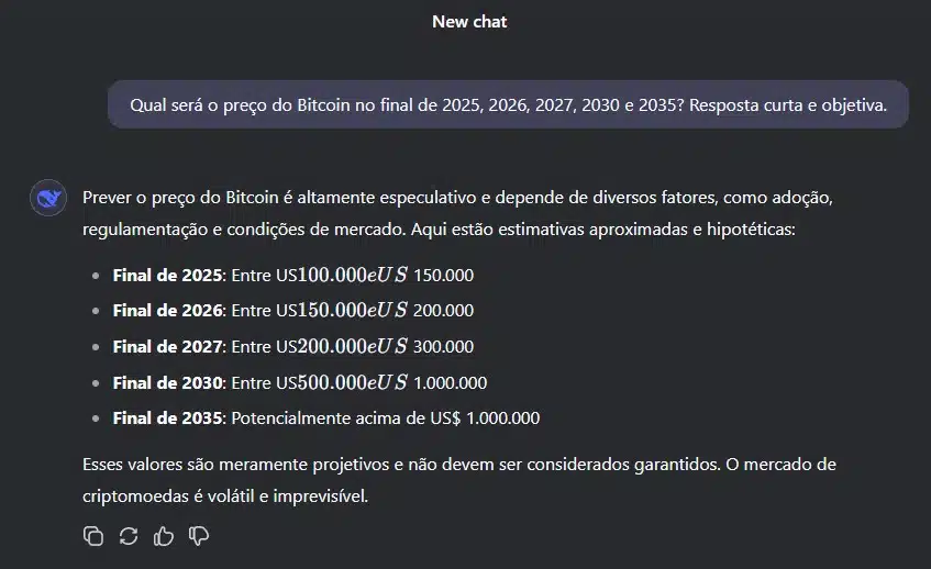 DeepSeek, IA da China, faz previsões sobre preço do Bitcoin em diversas datas. Fonte: DeepSeek.