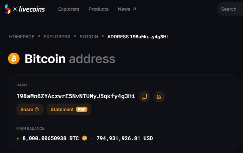 Carteira de Bitcoin de James Howells, perdida em um aterro em Newport. Fonte: Blockchair.