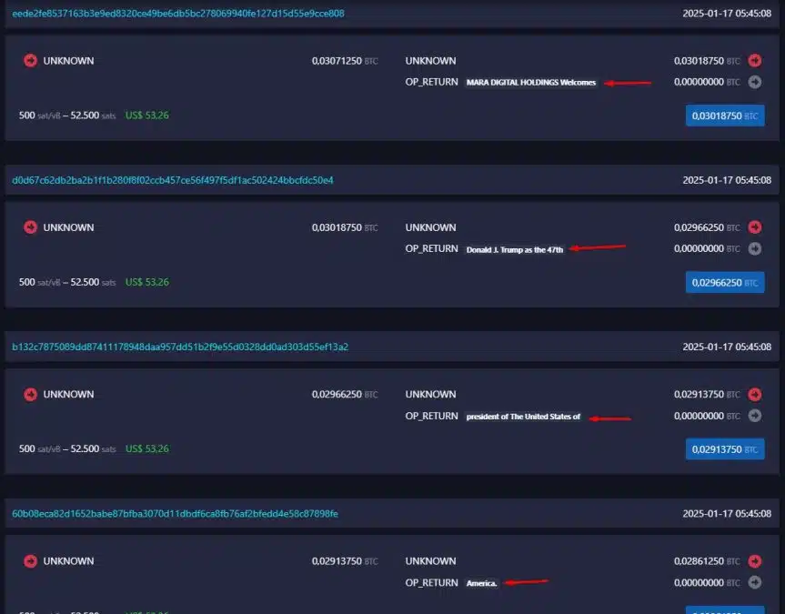 Mineradora Marathon enviou mais de 7.000 transações para parabenizar Donald Trump e gravar a constituição dos EUA em bloco de Bitcoin. Fonte: Mempool.space.