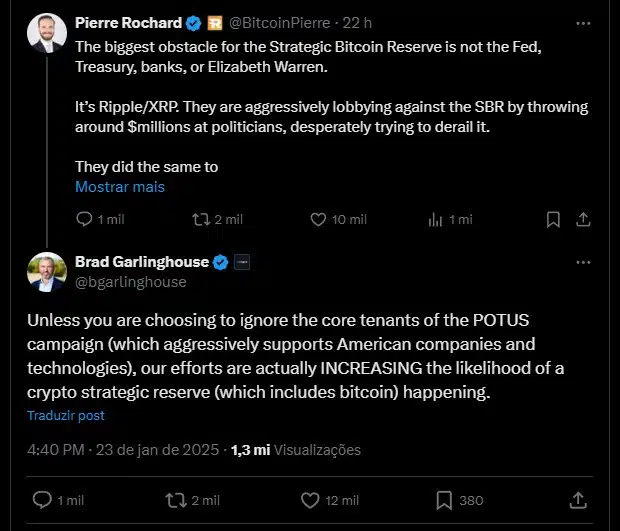 Pierre Rochard critica lobby político da Ripple contra o Bitcoin e é respondido por Brad Garlinghouse. Fonte: X.