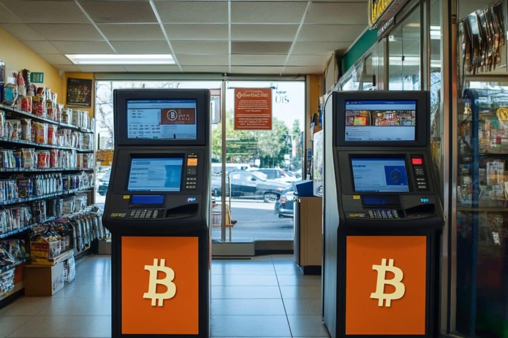 ATM com imagem do bitcoin dentro de loja