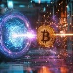Computador quantico disparando laser em um Bitcoin (Image gerada por IA, Livecoins)