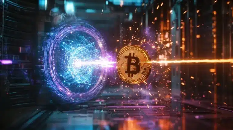 Computador quantico disparando laser em um Bitcoin (Image gerada por IA, Livecoins)