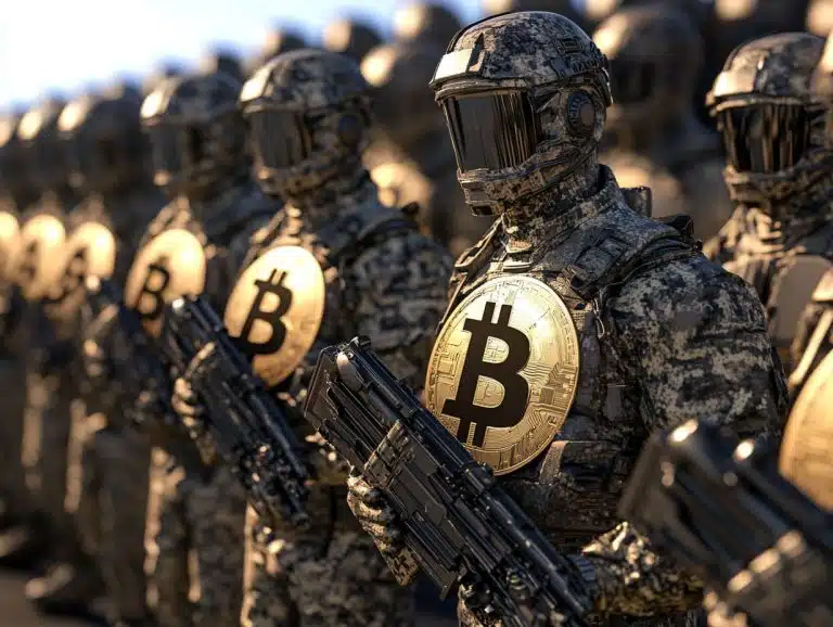 Exército com roupas de bitcoin