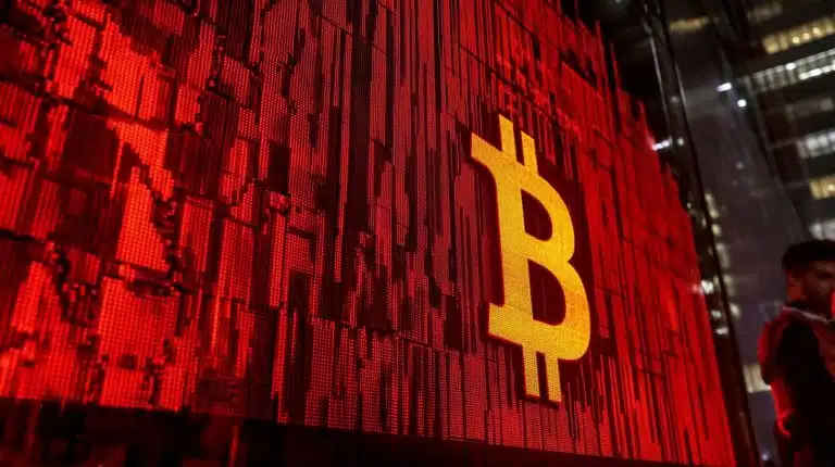 Fundo vermelho atrás de símbolo do bitcoin, cenário de queda