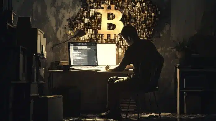 Homem acessando site com imagem de bitcoin