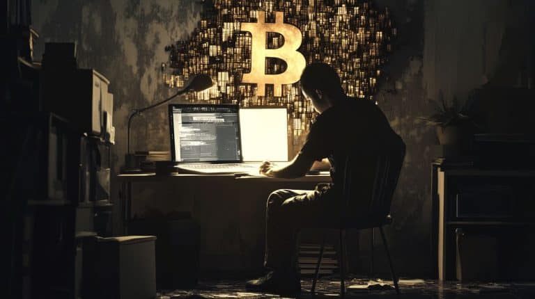Homem acessando site com imagem de bitcoin