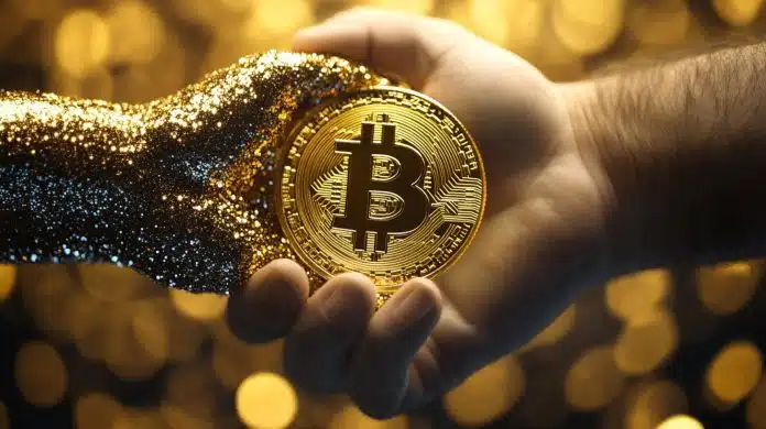 Mão de ouro e mão segurando bitcoin próximas