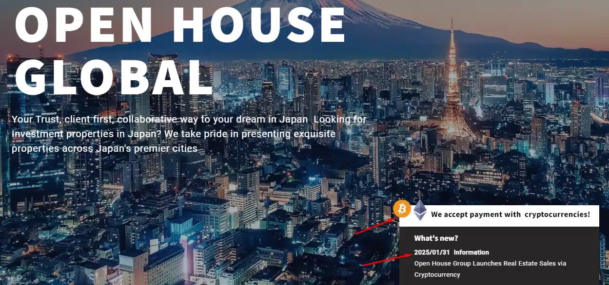 Open House Group do Japão começa aceitar bitcoin e ethereum na compra de casas no país