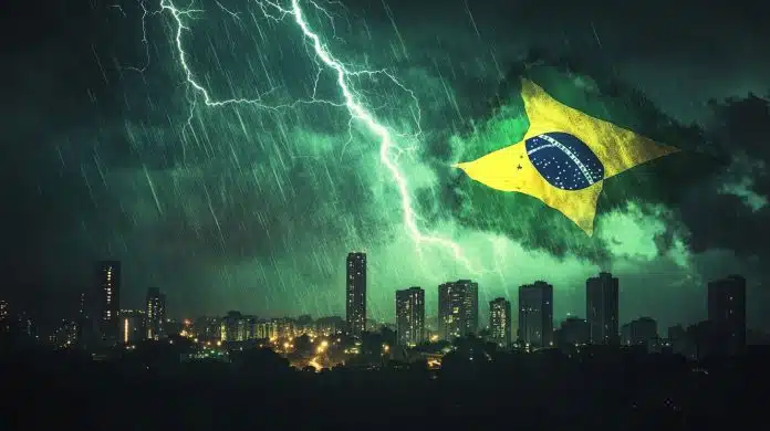 Raio caindo no Brasil, em referência a Lightning Network do bitcoin sendo adotada no país