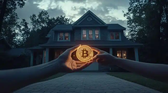 Pessoas segurando Bitcoin em frente a uma casa. Fonte: Midjourney.