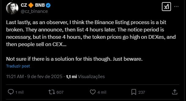Changpeng Zhao, fundador da Binance, diz que modelo de listagem de sua corretora está quebrado. Fonte: X.