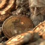 Homem velho e bitcoins. Fonte: Midjourney.