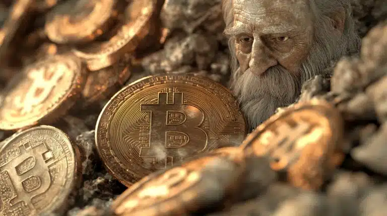 Homem velho e bitcoins. Fonte: Midjourney.