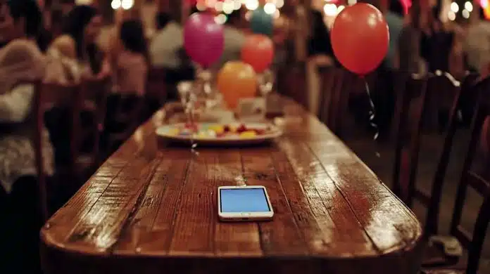 Smartphone esquecido sobre mesa em festa de aniversário. Fonte: Midjourney.