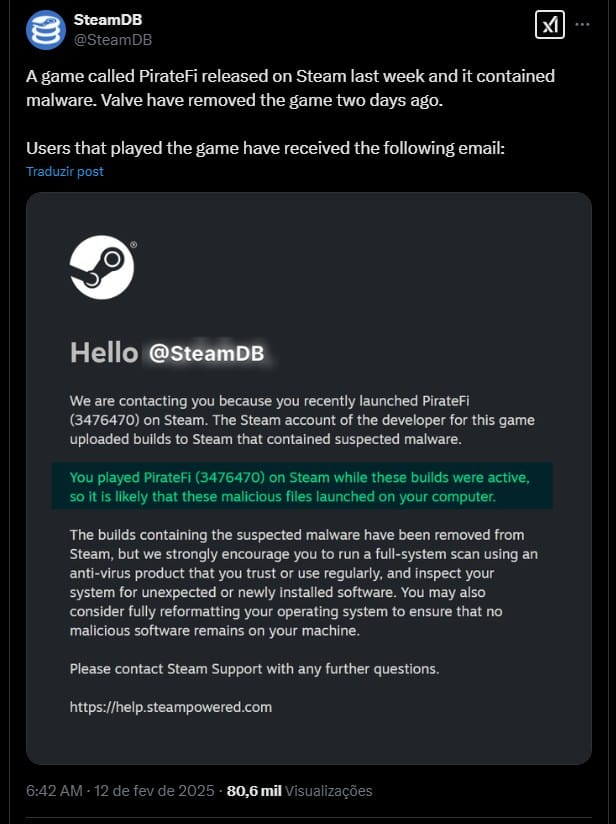 Steam enviou e-mail para jogadores do PirateFi, afirmando que jogo continha malware. Fonte: SteamDB/X.