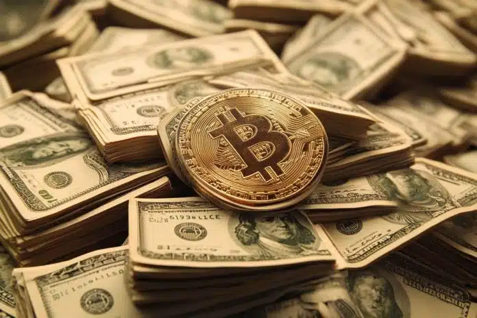 Bitcoin em destaque sobre notas de dólar reserva