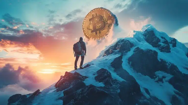 Bitcoin no topo do pico everest (imagem gerada por IA)