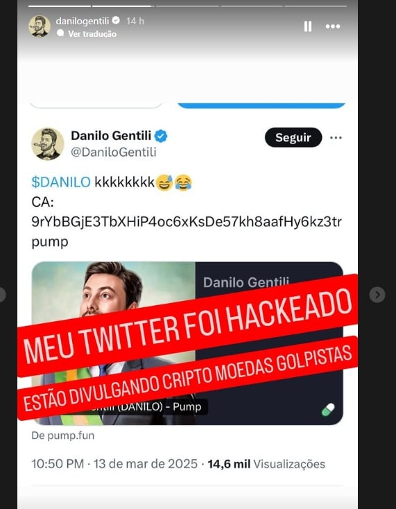 Danilo Gentili alerta sobre golpe de memecoin utilizando sua imagem após conta no X ser hackeada