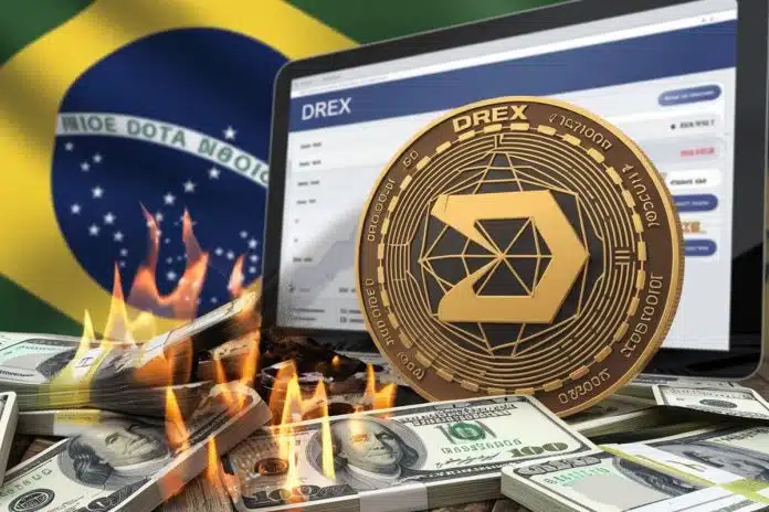 Drex próximo de notas de dólares pegando fogo, com bandeira do Brasil ao fundo