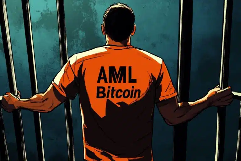 Homem com uniforme da prisão escrito AML Bitcoin