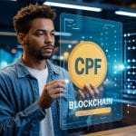 Homem observando seu CPF em uma tecnologia blockchain