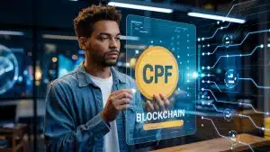Homem observando seu CPF em uma tecnologia blockchain