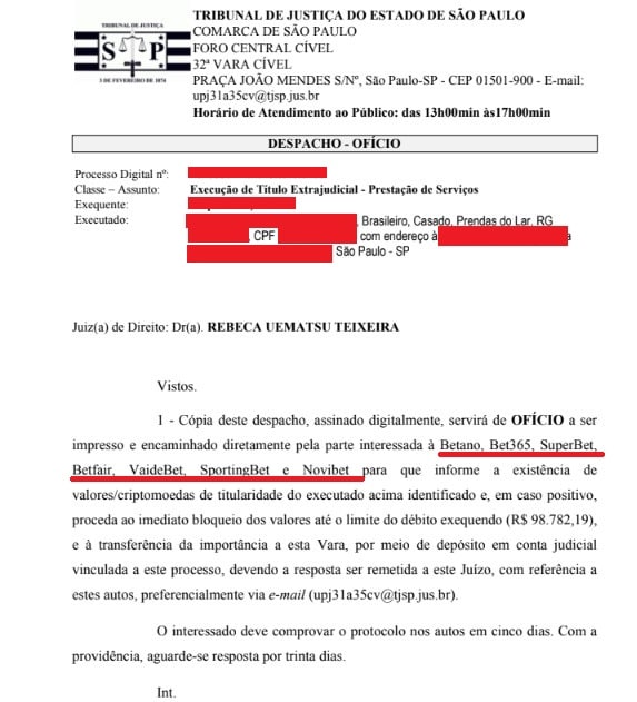 Justiça determina que empresas bets façam bloqueio de valores em criptomoedas de devedor