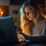 Mulher olhando para tela de computador com bitcoins próximos criptomoeda condenada