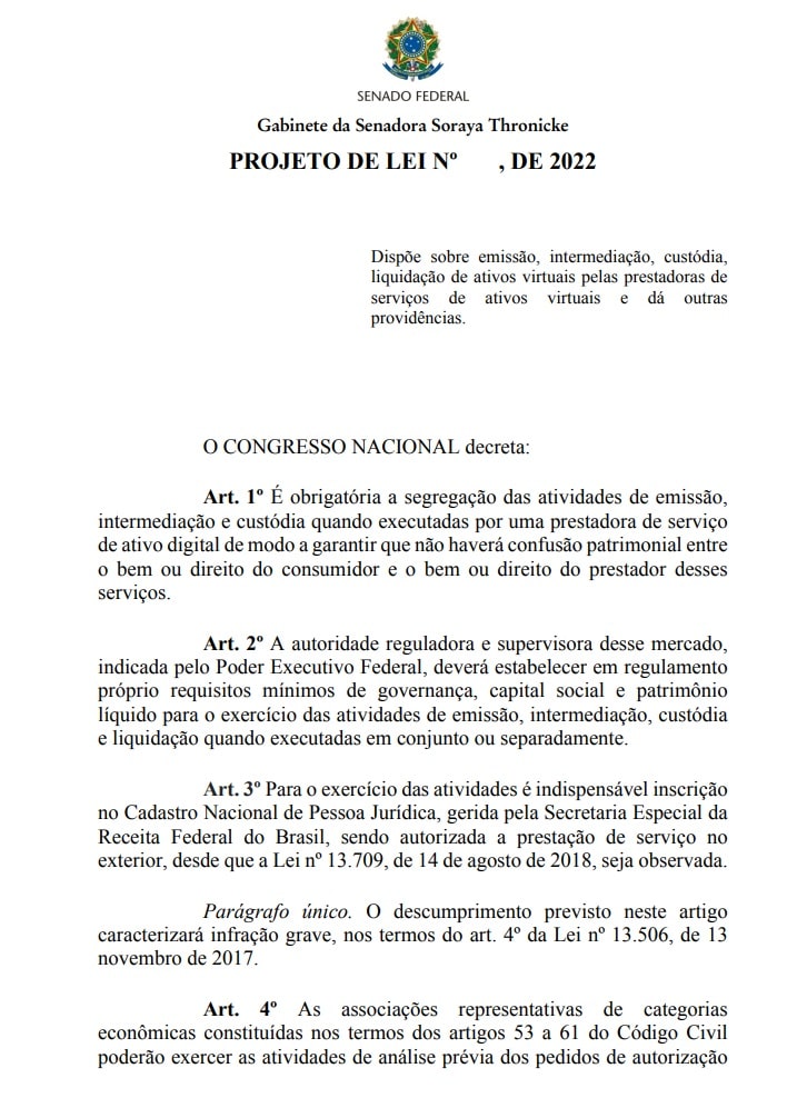 Projeto de lei que tramita no Senado Federal e que pretende implementar novas regras para corretoras de bitcoin no Brasil