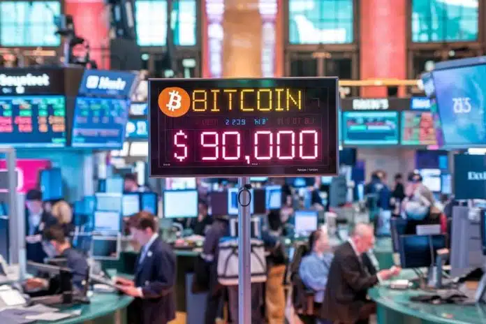 Sala de investidores em operação com placa anunciando cotação do bitcoin em 90 mil dólares por unidade