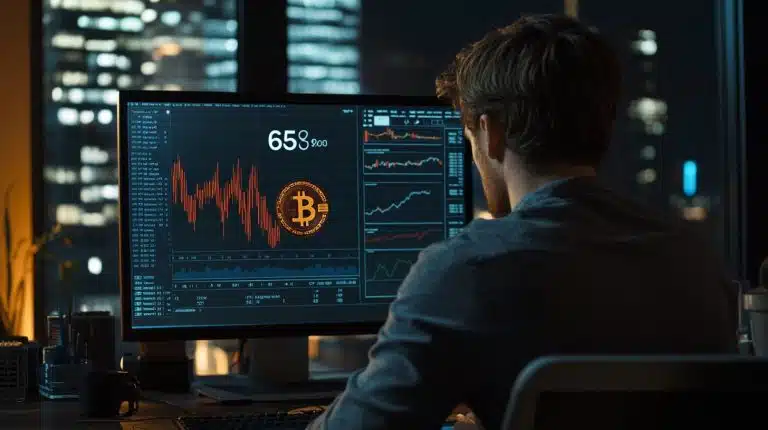 Trader de bitcoin analisando gráfico de preços em queda