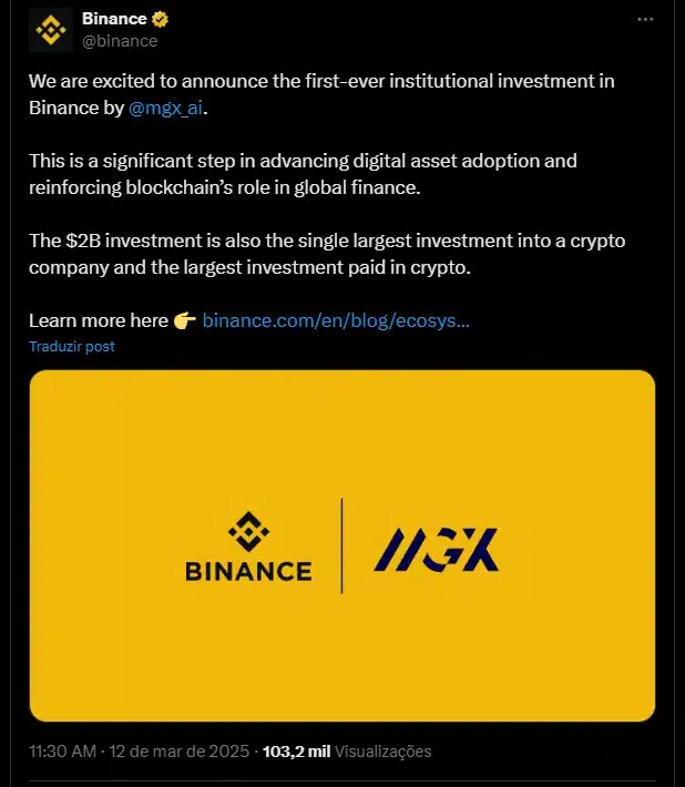 Binance revela ter recebido investimento de US$ 2 bilhões da MGX. Fonte: X.