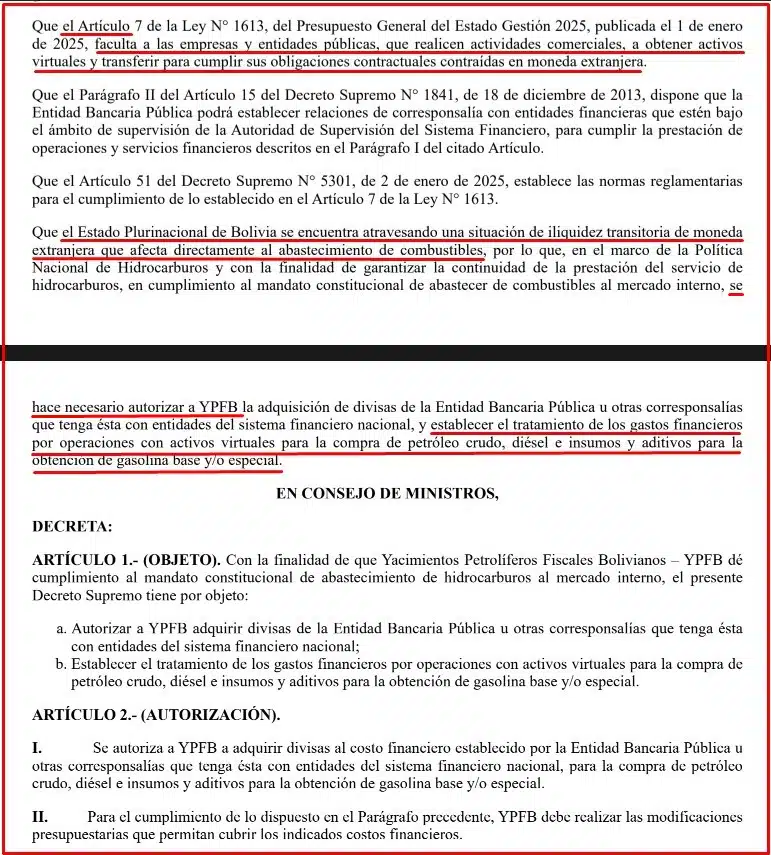 Decreto Supremo 5348 da Bolívia, com presidente autorizando YPFB a usar criptomoedas para importar petróleo e combustíveis.