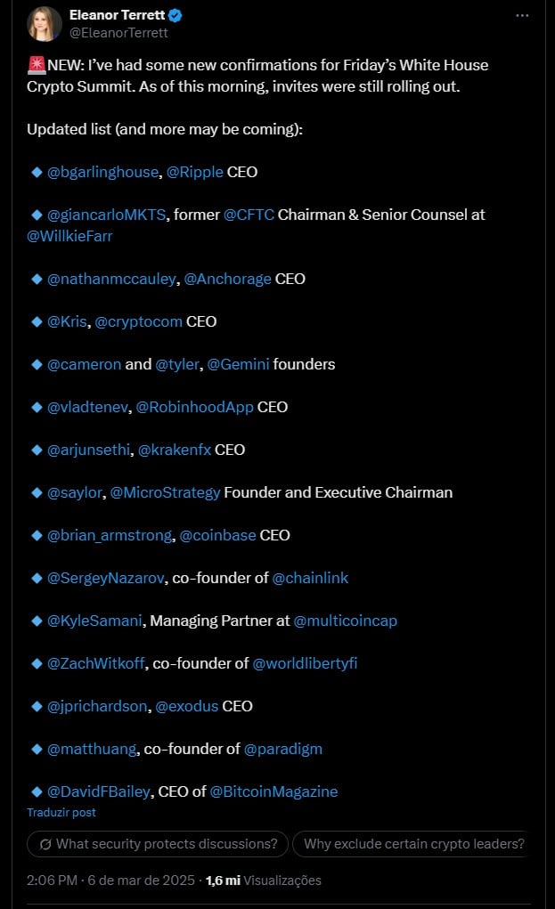 Eleanor Terrett, jornalista da Fox Business, publica lista de nomes confirmados na primeira reunião do setor de criptomoedas na Casa Branca. Fonte: X.