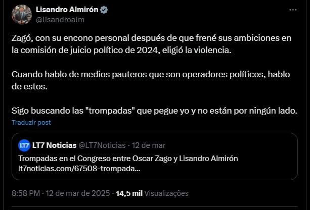 Deputado argentino Lisandro Almirón falando sobre briga com seu colega. Fonte: X.