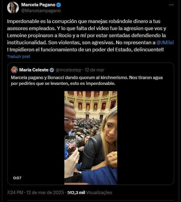 Marcela Pagano falando sobre confusão na Câmara dos Deputados. Fonte: X.