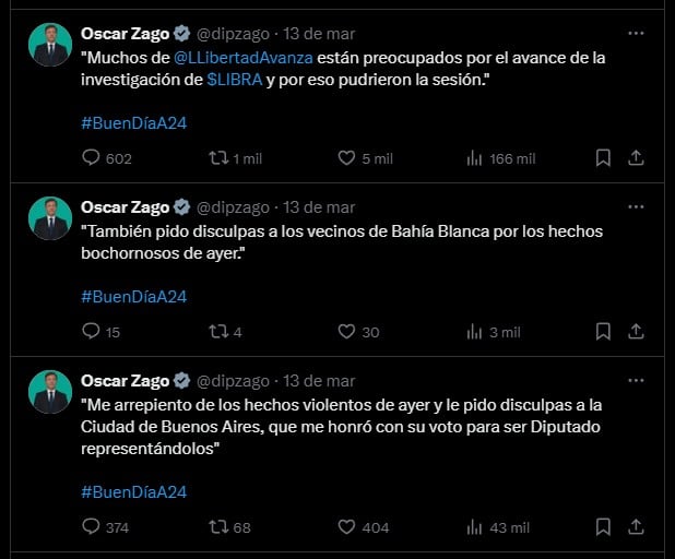 Deputado argentino Oscar Zago sobre briga com seu colega. Fonte: X.