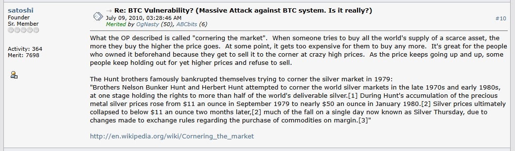 Satoshi Nakamoto sobre estratégia de encurralar o mercado do Bitcoin. Fonte: Bitcointalk.