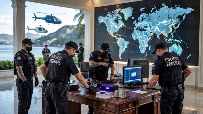 Agentes da polícia federal do Brasil em operação contra crimes de criptomoedas PF