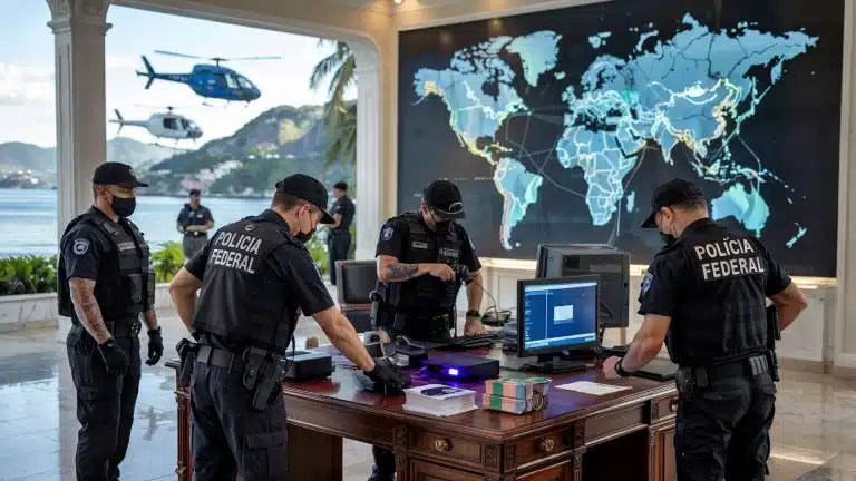 Agentes da polícia federal do Brasil em operação contra crimes de criptomoedas PF