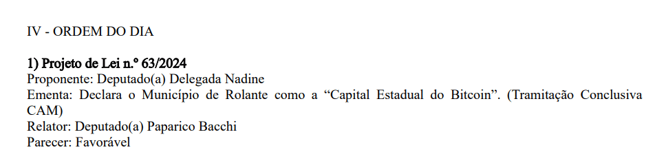 Assembleia Legislativa do Rio Grande do Sul aprova Rolante como Capital Estadual do Bitcoin