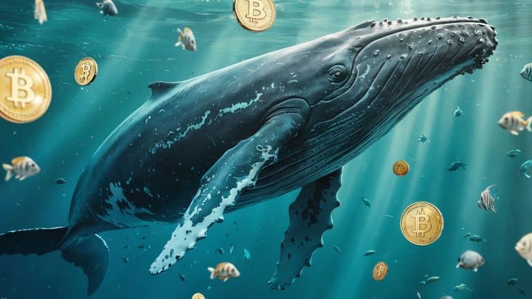 Baleia de bitcoin nadando com bitcoins flutuando