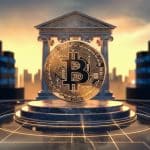 Bitcoin em destaque em prédio, próximo de edifícios comerciais