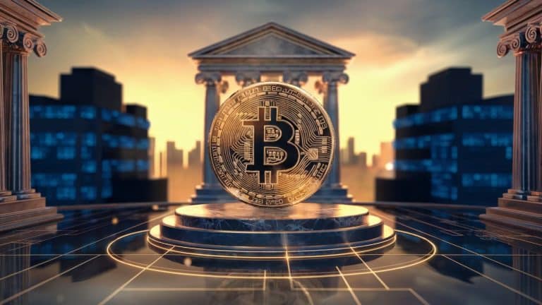 Bitcoin em destaque em prédio, próximo de edifícios comerciais