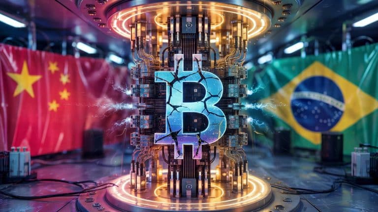 Computador quântico quebrando criptografia do bitcoin, com bandeiras do Brasil e China ao fundo